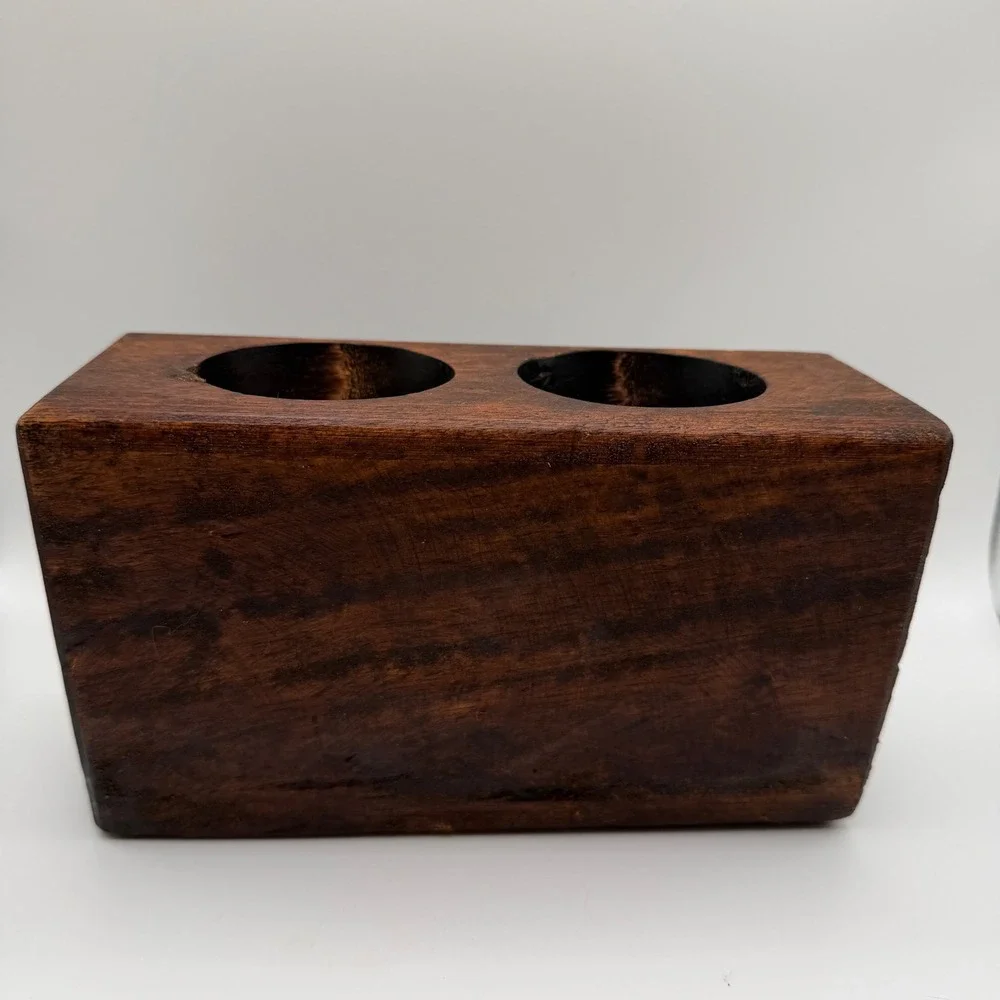 VTG Primitive Hand Carved Wood 2 Hole Sugar Mold Candle Or Makeup Brush Holder